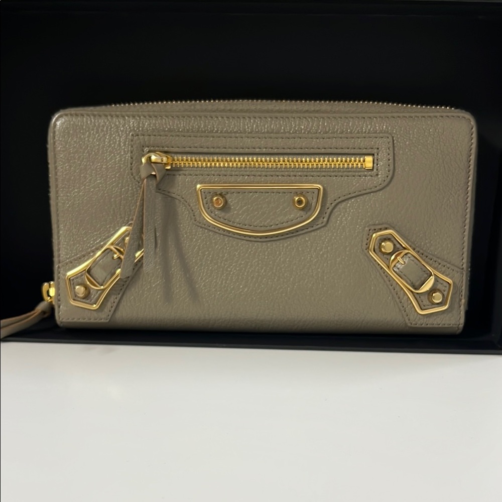 BALENCIAGA Taupe Leather Wallet with Gold Accents